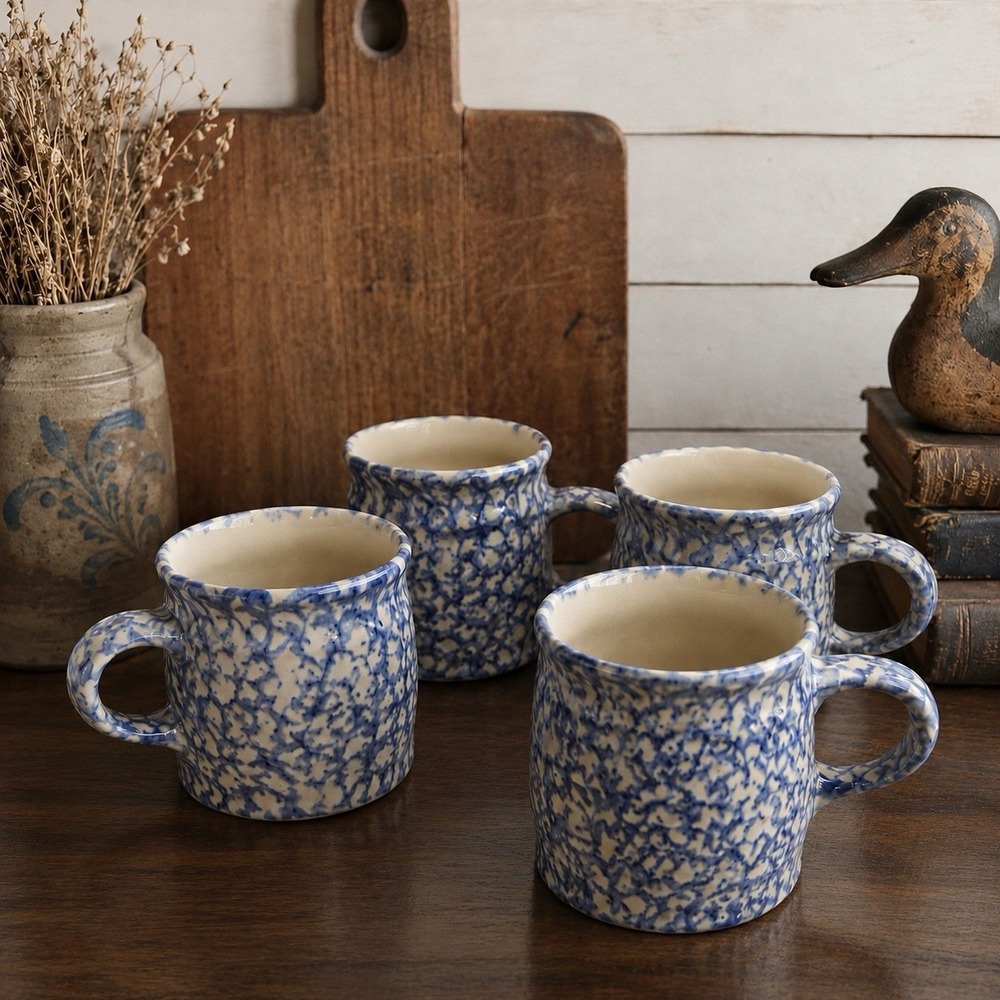 Vintage Mount St. Helens Stoneware Spongeware Coffee Mugs Set of 4 USA